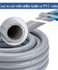 Cutting utility knife slicing Half Inch 10 Ft Non Metallic Liquid Tight Flexible Conduit Kit with Straight and 90 Degree Fittings.