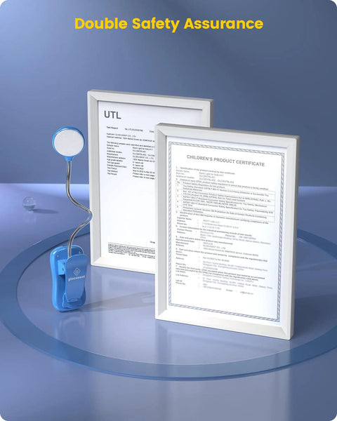 16 LED Book Light For Kids With Eye Caring Amber Mode And High CRI 95 Plus Three Color Options beside safety certificates