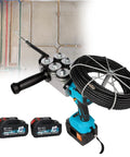 Pro Grade Cordless Electric Fish Tape And Wall Wiring Machine with 30 meter wire reel and tool batteries for electrical jobs.