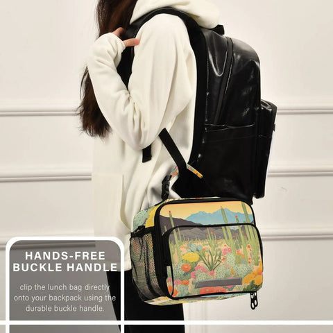 Desert Bloom Insulated Lunch Bag With Handles And Shoulder Strap For Camping And Travel Grab And Go Everyday Carry clipped to backpack