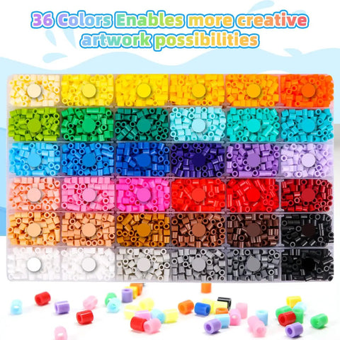 11000 Piece Fuse Beads Kit With 36 Colors for Totally Creative Crafting for Girls Aged 5 to 12 organized by vibrant hues.