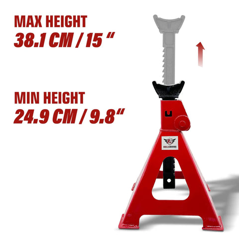 Six Ton Jack Stands Beefy Heavy Duty Self Locking With Quick Adjustment Steel Stands showing height range and red color