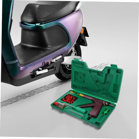 Complete Heavy Duty Motorcycle Tire Repair Kit Featuring Abs Metal Plug Insertion Tool for Tubeless Street Bikes and Scooters, displayed beside a scooter.