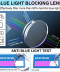 Anti blue-light lens demonstration with test card showing UV filtering. 4 Pack Anti Fog Safety Glasses For Women Nurses focus product.