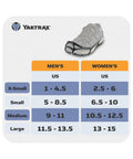 Size chart for Top Shelf Snow And Ice Walking Traction Cleats Slip On Nonslip Shoe Covers, men and women sizes.