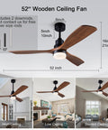 52 Inch Outdoor Ceiling Fan With Lights And Remote Control, Black Ceiling Fan With Wood Blades For Patio And Living Room, shown in various room settings