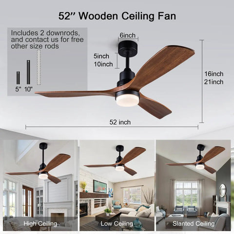 52 Inch Outdoor Ceiling Fan With Lights And Remote Control, Black Ceiling Fan With Wood Blades For Patio And Living Room, shown in various room settings