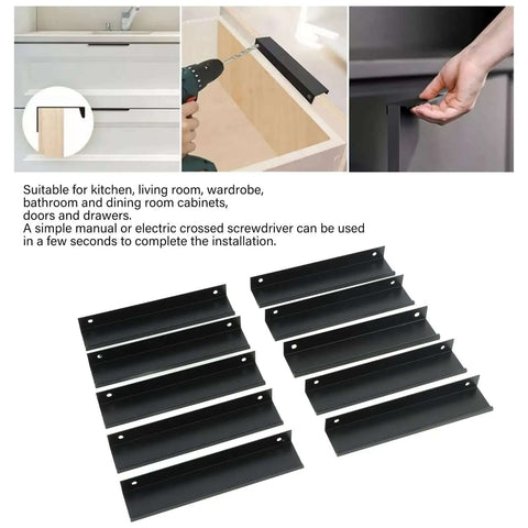 10 Piece Aluminum Alloy Cabinet Pulls Set G Type Clasp Handles with installation and black finish for kitchen cabinets