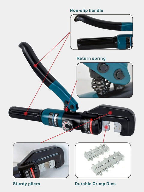 Heavy Duty 10 Ton Hydraulic Battery Cable Crimper With One Hand Operation, 9 Hex Die Set shown with non-slip handle and return spring