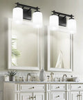 Two Light Black Vanity Sconces, Dope Industrial Style Bathroom Lighting Fixture With Milky Glass Shades, over double vanity