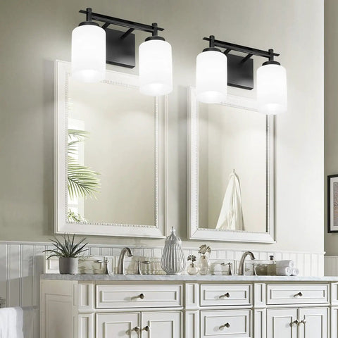 Vintage Style Black Vanity Light Four Light Industrial Wall Sconce With Milky White Glass Shades for bathroom over mirror