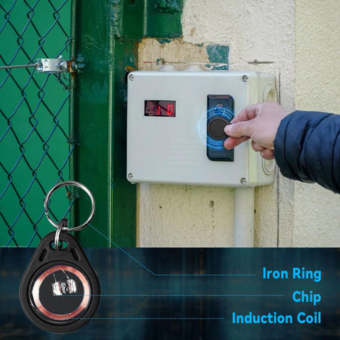 Dope 100 Pcs 13.56MHz UID Keyfobs For Access Control Rewritable RFID IC Key Fob Tokens in use on an access control panel