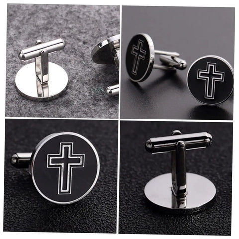 Cross Pattern Titanium Steel Cufflinks For Men Black Polished Shirt Buttons Sleek Durable Fasteners For Formal And Casual Wear