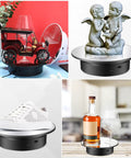 Smooth 7.87 Inch Motorized Rotating Display Stand With Sleek Mirror Surface showcasing a vintage car, angel statue, shoe, and liquor.