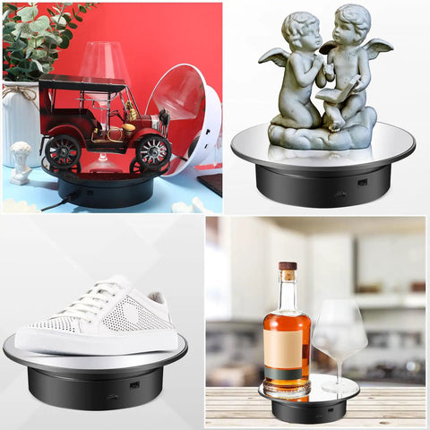 Smooth 7.87 Inch Motorized Rotating Display Stand With Sleek Mirror Surface showcasing a vintage car, angel statue, shoe, and liquor.