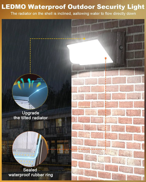 Mounted 120W Outdoor LED Wall Pack Light With Dusk To Dawn Sensor on brick wall, featuring waterproof design and flood lighting for buildings.