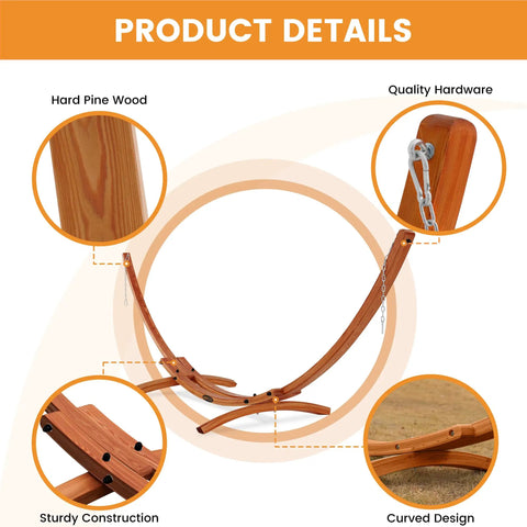 12 Ft Double Rope Hammock With 13 Ft Brown Wooden Arc Stand For Outdoor Patio, product details with focus on quality hardware and design features