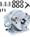 Heavy Duty Beast Rotary Table With 6 Inch 3 Jaw Chuck And Precision Indexing Head showing details of chuck and accessories.