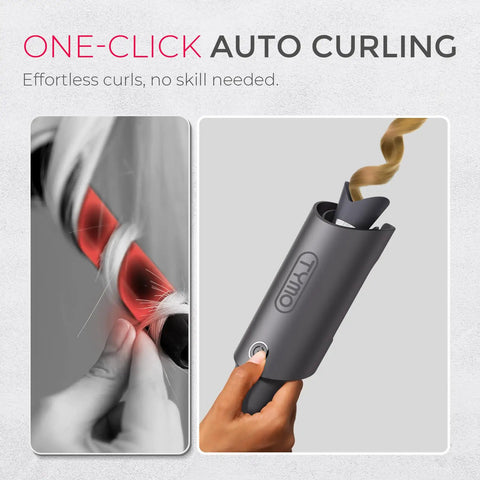 Automatic Rotating Curling Iron for Effortless Beachy Waves, CurlPRO Wand in use for curling hair, showing ceramic barrel, one-click feature.
