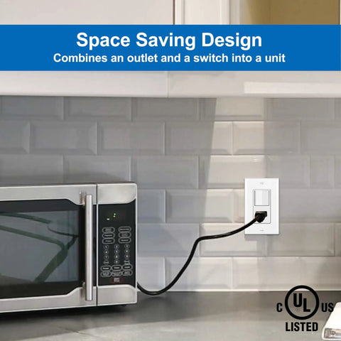 Two Pack Combination Wall Switch And Decor Outlet With Single Pole Rocker Switch, 15A/120V And 15A/125V Receptacle, UL Listed, White