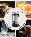 Heavy Duty 110 Cup Stainless Steel Coffee Urn For Catering, Double Wall Electric Dispenser Keeps Coffee Hot showing multiple uses for coffee, tea, boiling water, hot chocolate