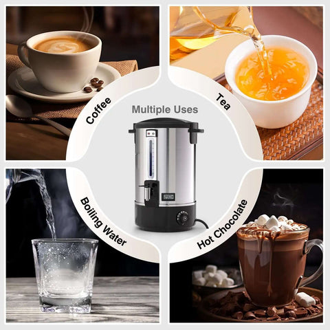 Heavy Duty 110 Cup Stainless Steel Coffee Urn For Catering, Double Wall Electric Dispenser Keeps Coffee Hot showing multiple uses for coffee, tea, boiling water, hot chocolate