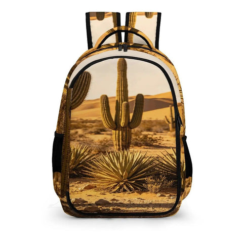Warm Sand Dune Desert Flora Printed Unisex Backpack with cacti design, durable polyester, smooth zipper, ideal for adventures.