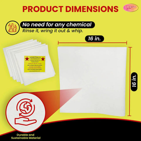 Microfiber Glass Cleaning Cloths Set, 6-Pack, Lint-Free showing 16x16 inches size with sustainable material icon and label