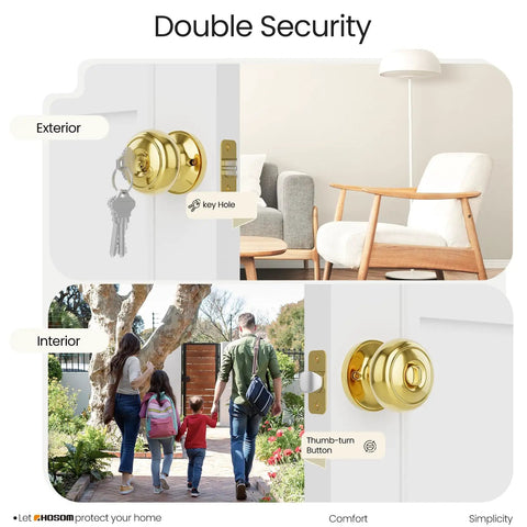 Matte Black Door Knob With Lock And Key, Keyed Entry Exterior And Interior Door Lock For Front Doors, Commercial And Residential Use, Entry Handle For Bedroom And Bathroom, Dual Safety With Turn Button And Key shown in gold