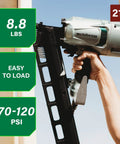 Person holding Pro Preferred Framing Nailer for fast reliable pneumatic power for flooring roof decking at 21-degree angle