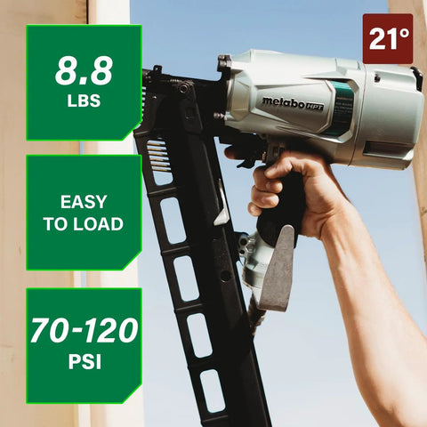Person holding Pro Preferred Framing Nailer for fast reliable pneumatic power for flooring roof decking at 21-degree angle