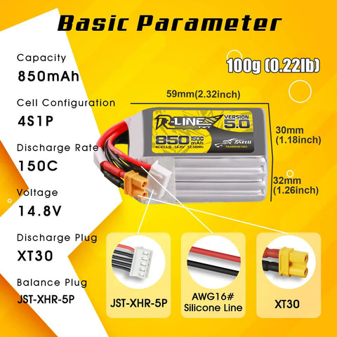 R-Line Version 5.0 4S 14.8V 850mAh LiPo Battery Pack 150C Discharge With XT30 Plug shown with specifications and connectors