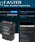 Bluetooth OBD2 Diagnostic Scan Tool For iOS Android And Windows With MS-CAN Pro Protocol, Ford Network Access, shown with device and app interface