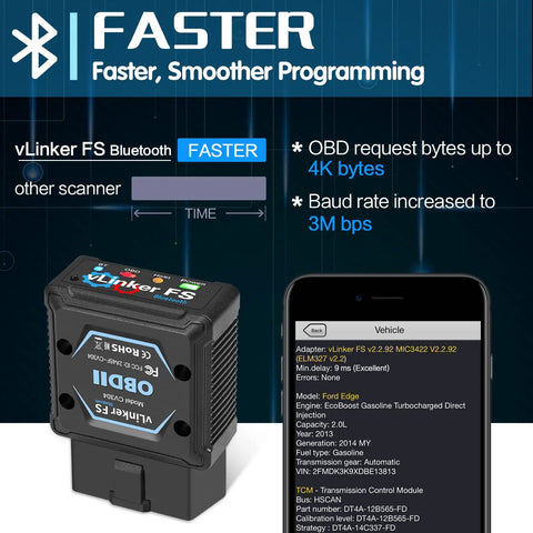 Bluetooth OBD2 Diagnostic Scan Tool For iOS Android And Windows With MS-CAN Pro Protocol, Ford Network Access, shown with device and app interface