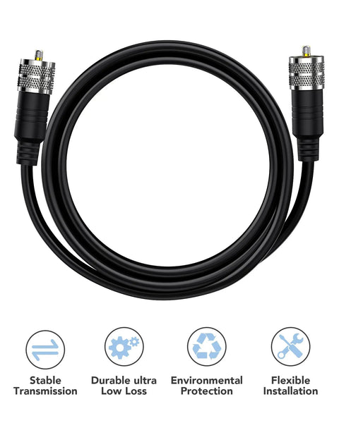 RG8X Coax Cable 50 Ohm With UHF PL259 Male To Male Connectors, features and icons for signal stability and durability.