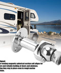Stainless Steel Marine Magnetic Door Stopper With Self Aligning Rotating Head And Adjustable 3 5 To 4 5 Inch Length mounted on an RV.