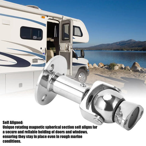 Stainless Steel Marine Magnetic Door Stopper With Self Aligning Rotating Head And Adjustable 3 5 To 4 5 Inch Length mounted on an RV.