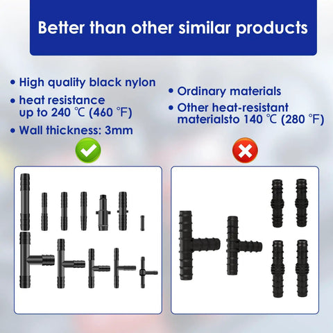 Premium 128 Piece Nylon Vacuum Connector Assortment Kit With 12 Different Sizes For Cars And Ships Featuring Super Heat Resistant Up To 240 C Black Fittings compared with ordinary materials