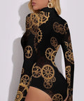 Snag This Retro Industrial Gear Bodysuit For Women With A Cool Mock Turtleneck in black and gold gears, soft stretchy fabric.