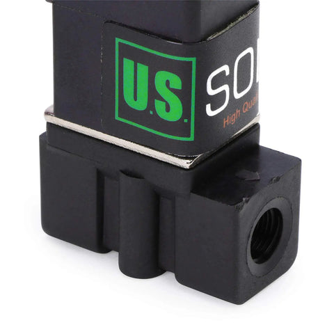 Close-up of Heavy Duty 1/4 Inch Electric Solenoid Valve 110V AC For Air And Water Lines, Normally Closed, showing nylon body.