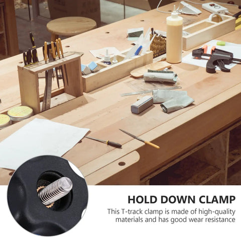 Pro-Grade T-Track Clamp Quick-Act Hold-Down For Woodworking And Carpentry on a workbench, T-track clamp close-up view.