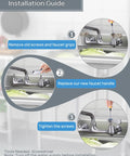 Installation guide for Premium 2 Pack Faucet Handle Replacement Kit showing screw removal and handle placement steps.