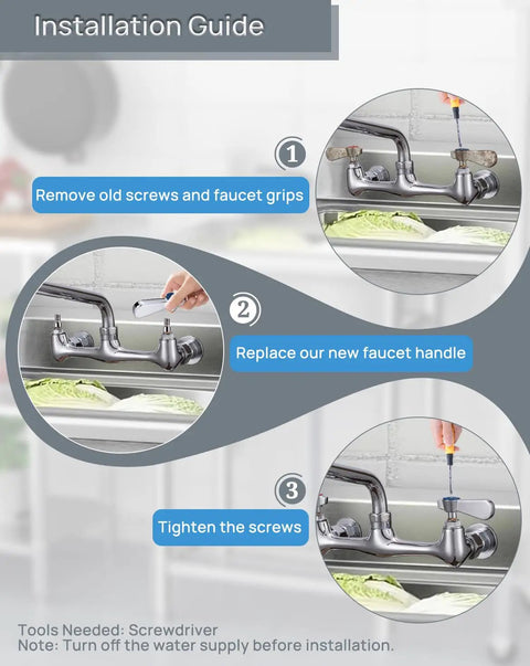 Installation guide for Premium 2 Pack Faucet Handle Replacement Kit showing screw removal and handle placement steps.