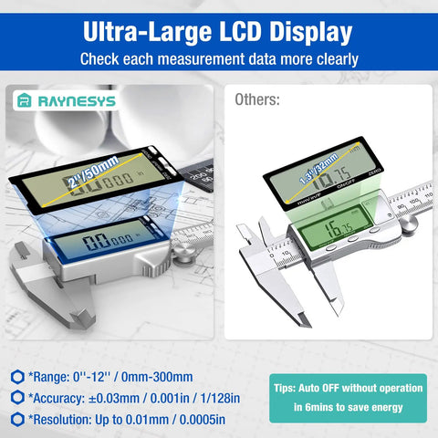 Close-up of 8 Inch Digital Caliper with Large LCD Screen And Inch, Millimeter, And Fraction Conversion on white surface
