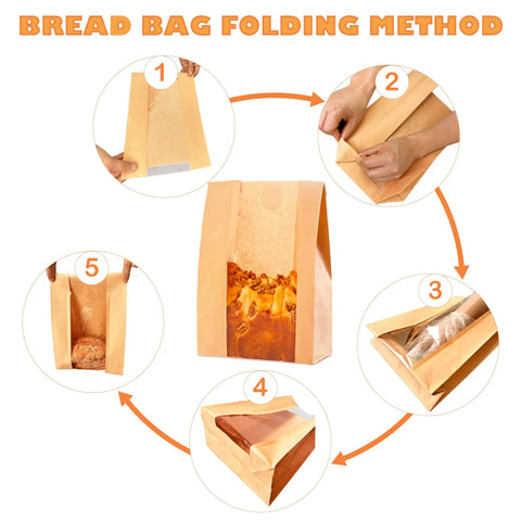 Folding instructions for 60 Pack Paper Bread Bags With Window For Fresh Sourdough And Homemade Loaves Kraft Bakery Bags 13.7 By 8.3 By 3.5 Inches Includes 70 Sealing Stickers Great For Storing Loaves And Snacks.