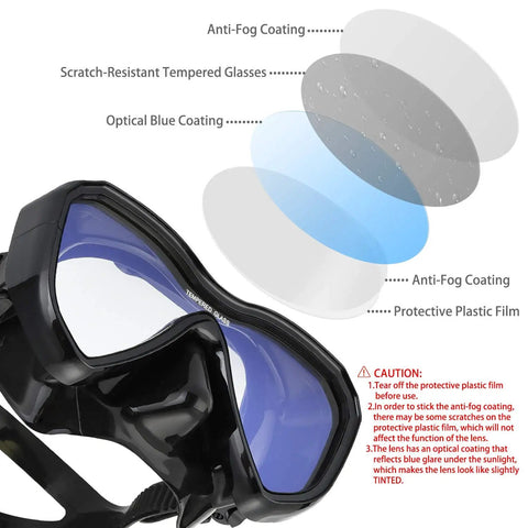 Premium Snorkel Set With Anti Fog Panoramic View Mask And Anti Leak Dry Snorkel Tube For Adults showing anti-fog lens layers