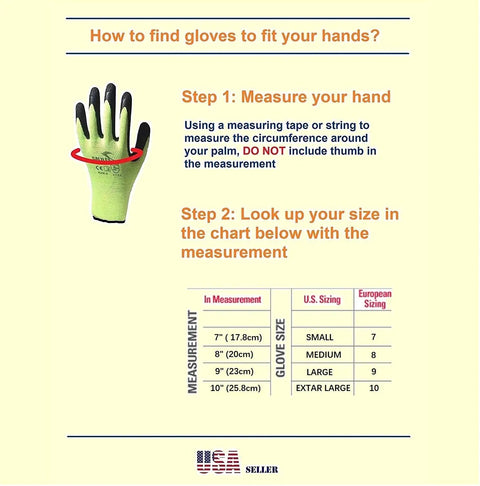 Sizing guide for Non Slip Work Gloves For Men And Women With Water Based Latex Palm Coating Extra Duty 10 Pair Pack Durable Breathable Puncture Resistant Gloves Green Size Large Fits Most.