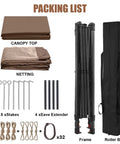 Packing list for Pop Up Patio Gazebo With Mesh Walls 11x11 Brown, Easy Setup For 1 To 2 People, includes frame and roller bag