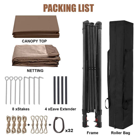 Packing list for Pop Up Patio Gazebo With Mesh Walls 11x11 Brown, Easy Setup For 1 To 2 People, includes frame and roller bag