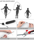 Tangle Free Rapid Speed Jump Rope With Ball Bearings And Steel Cable, adjustable length steps, showing foam handles and wire cut